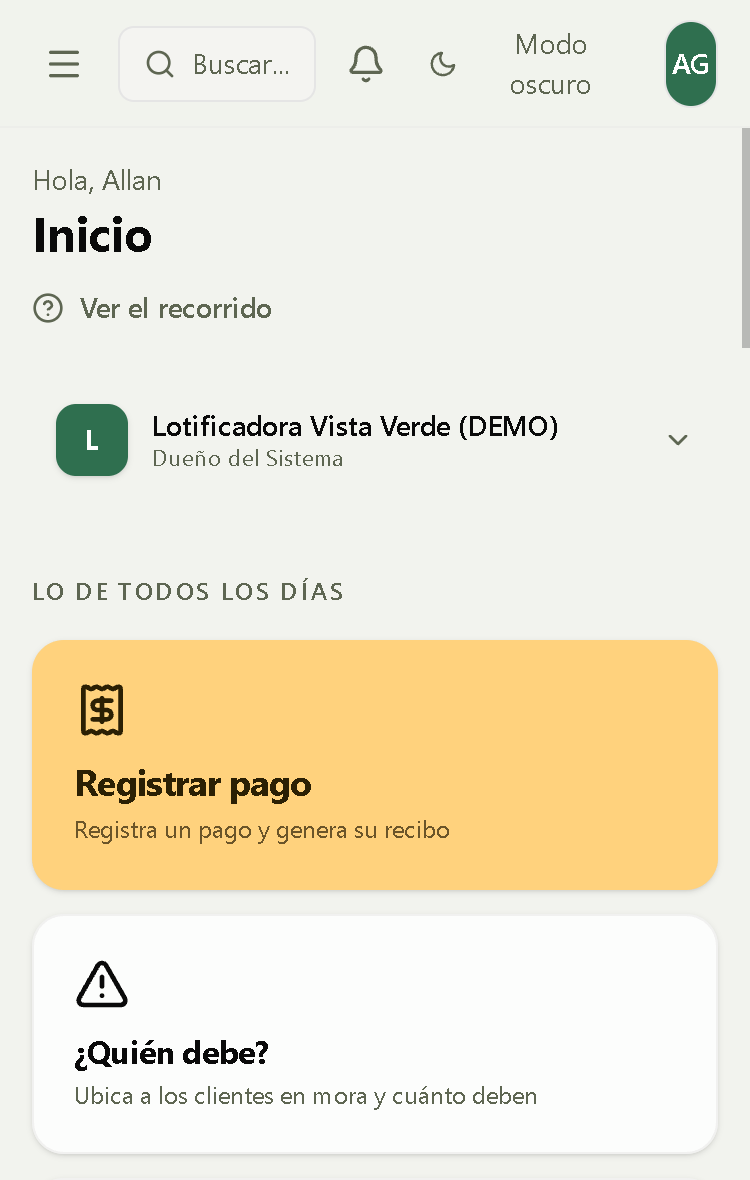 Pantalla de inicio de la app: botones Registrar pago y Quién debe