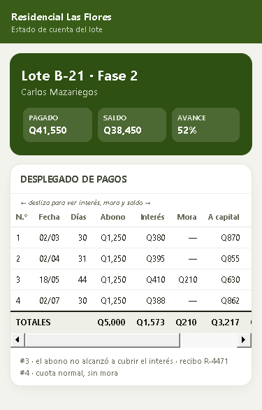 Estado de cuenta del lote con cada abono