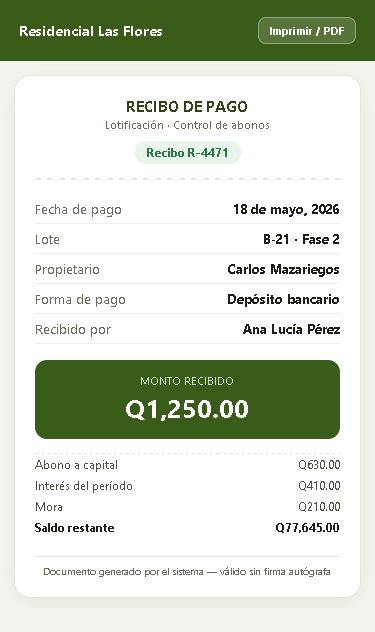Recibo de pago en PDF con folio, monto recibido y desglose de abono a capital, interés y mora