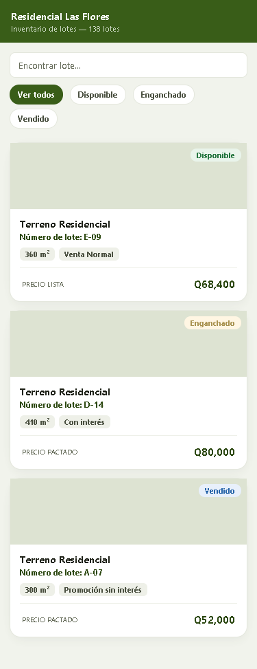 Inventario de lotes: disponible, enganchado, vendido